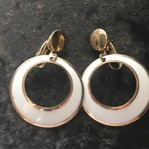 Vintage White and Gold Open Circle Clip On Earrings